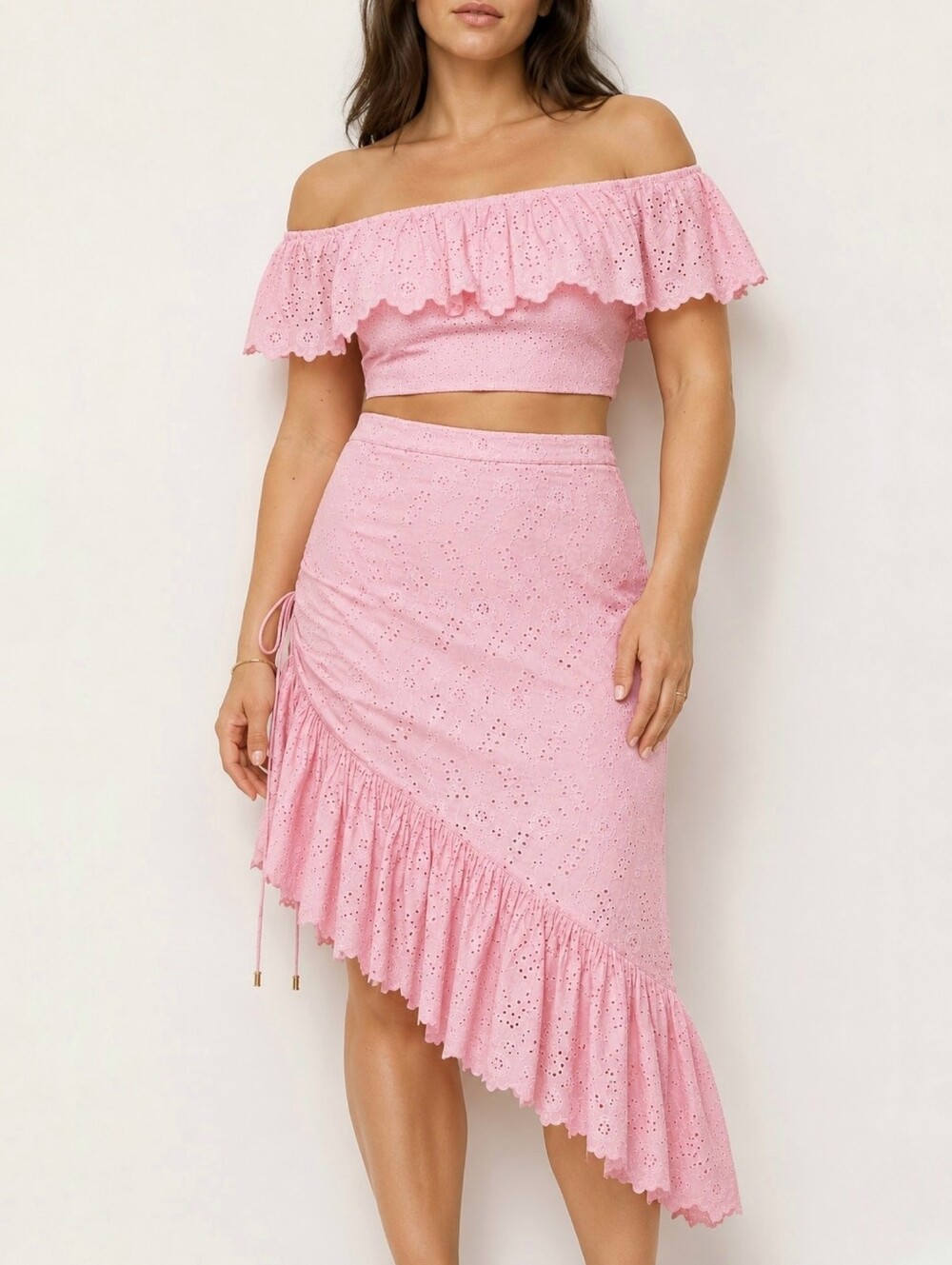 LoveShackFancy Pink Eyelet Ruffle Asymmetrical Romantic Resort Co-Ord Set XS